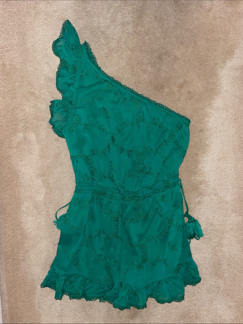 Tularosa Green Floral-Embroidered One-Shoulder Romper